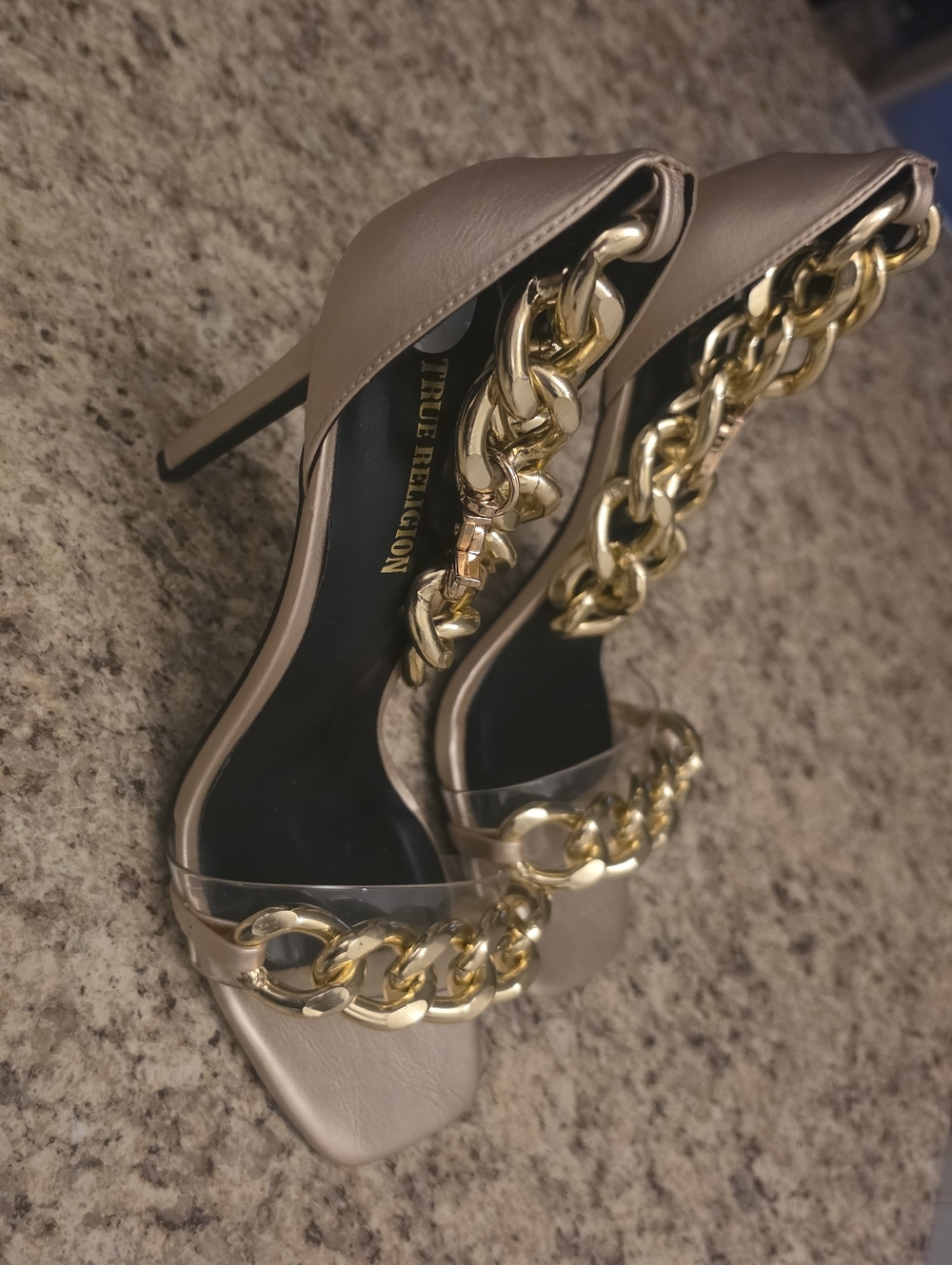 Heeled Sandals with Gold Chain Accent